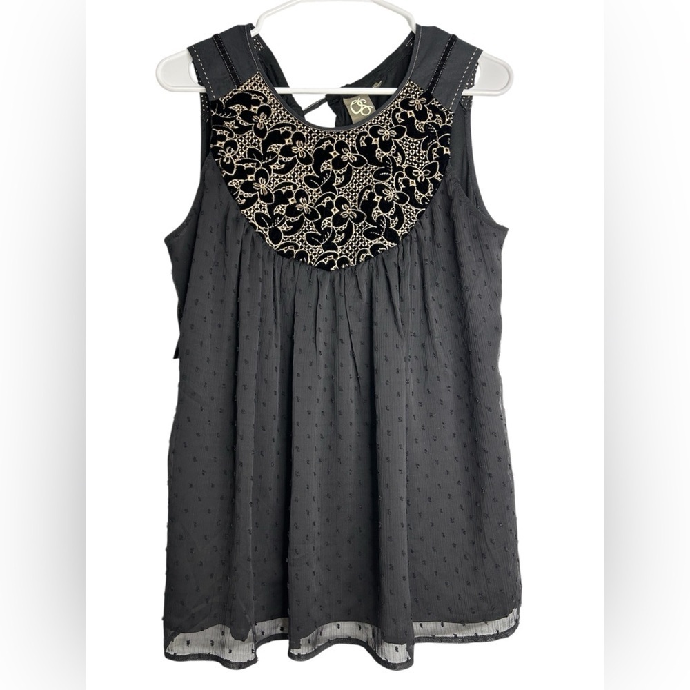 Anthropologie One September Black Sleeveless Blouse with Embroidery velvet Boho